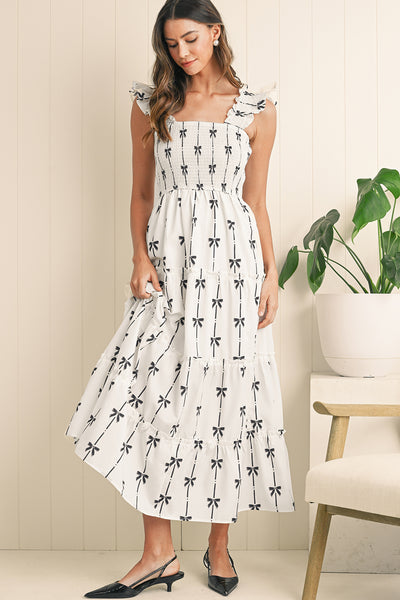 Brooke Bow Print Ruffle Maxi Dress